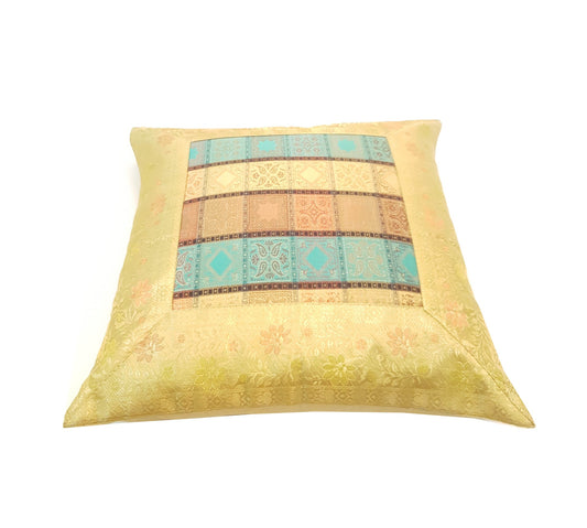 16X16 Inch Banarasi Cushion Covers Zari Brocade Silk Multi-Color Checks Decor