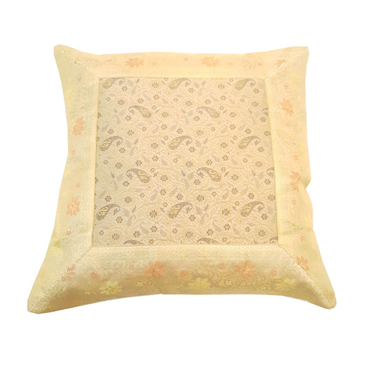 16X16 Inch Banarasi Cream Cushion Covers Zari Brocade Silk Paisley Home Decor