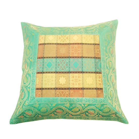 16X16 Inch Banarasi Cushion Covers Zari Brocade Silk Aqua Green Check Home Decor