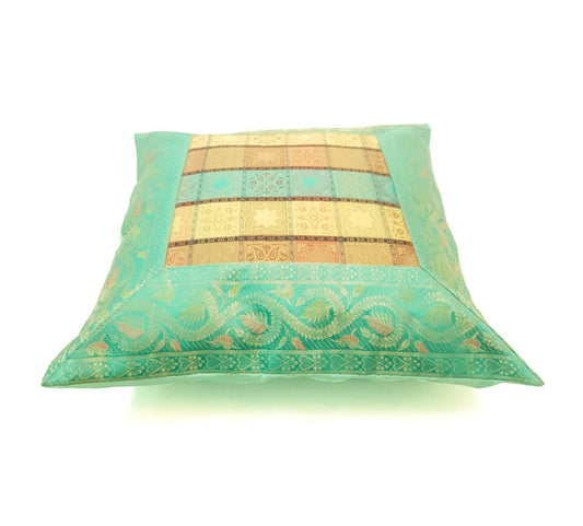 16X16 Inch Banarasi Cushion Covers Zari Brocade Silk Aqua Green Check Home Decor