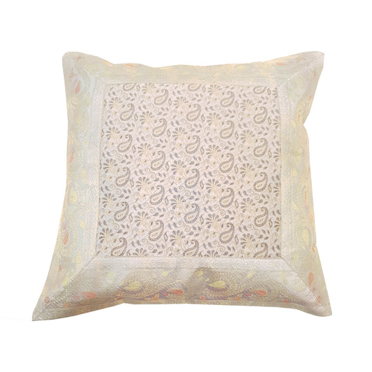 16X16 Inch Banarasi Cushion Covers Gray Zari Brocade Silk Paisley Home Decor