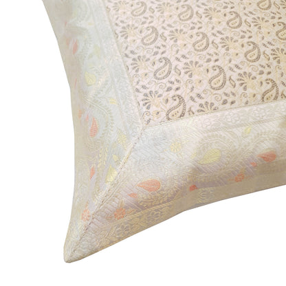 16X16 Inch Banarasi Cushion Covers Gray Zari Brocade Silk Paisley Home Decor