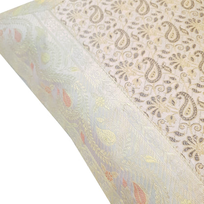 16X16 Inch Banarasi Cushion Covers Gray Zari Brocade Silk Paisley Home Decor