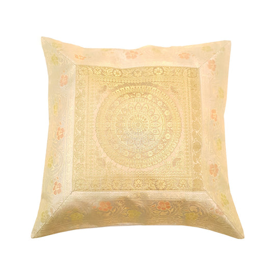 17x17 Inch Indian Cream Cushion Covers Woven Zari Brocade Banarasi Silk Mandala
