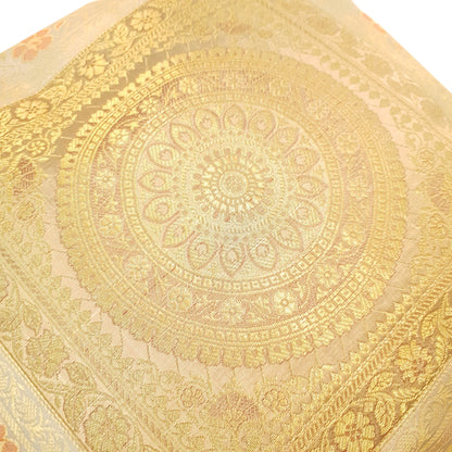 17x17 Inch Indian Cream Cushion Covers Woven Zari Brocade Banarasi Silk Mandala
