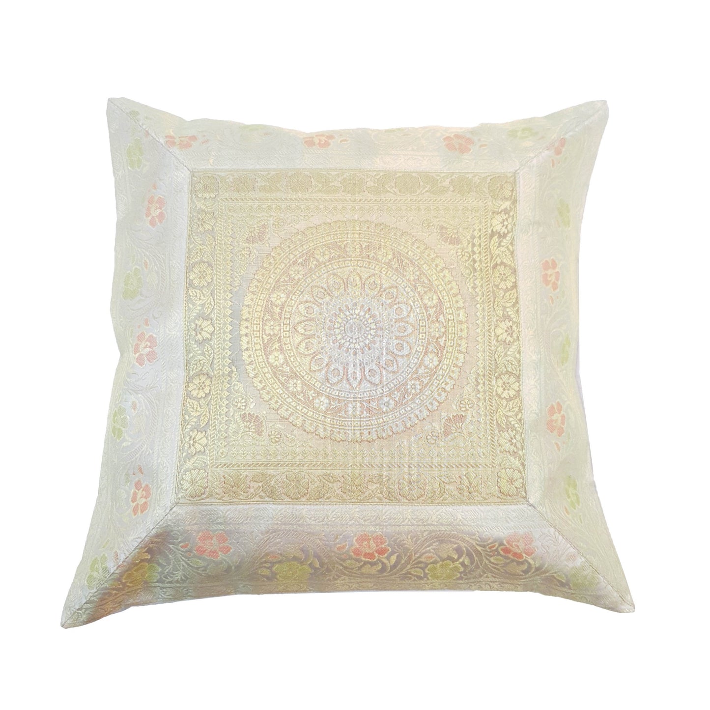 17x17 Inch Gray Indian Cushion Covers Woven Zari Brocade Banarasi Silk Mandala