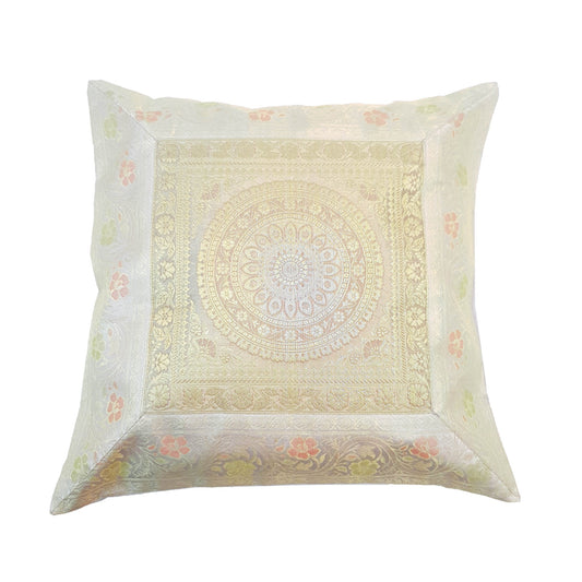 17x17 Inch Gray Indian Cushion Covers Woven Zari Brocade Banarasi Silk Mandala