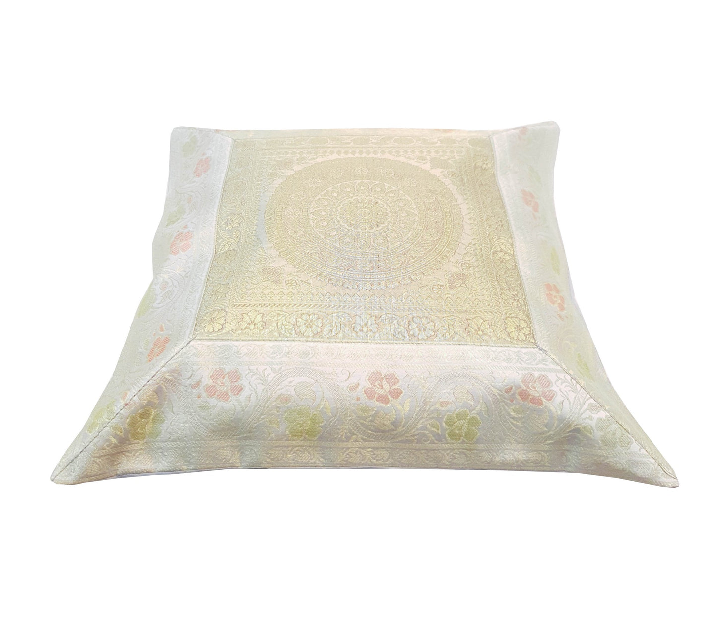 17x17 Inch Gray Indian Cushion Covers Woven Zari Brocade Banarasi Silk Mandala