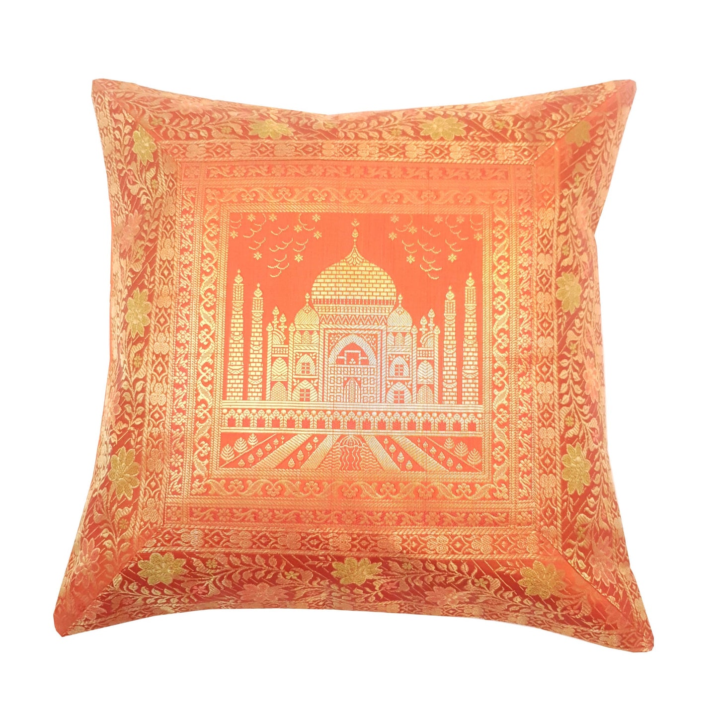 17x17 Inch Orange Cushion Cover Taj Mahal Woven Zari Brocade Banarasi Silk Decor