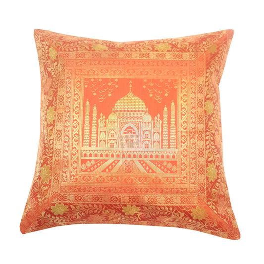17x17 Inch Orange Cushion Cover Taj Mahal Woven Zari Brocade Banarasi Silk Decor
