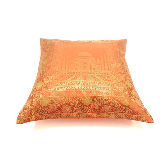 17x17 Inch Orange Cushion Cover Taj Mahal Woven Zari Brocade Banarasi Silk Decor