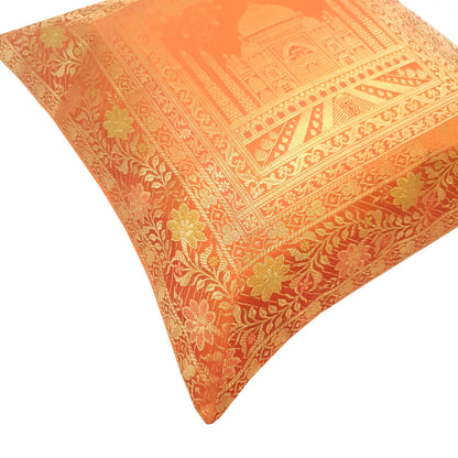 17x17 Inch Orange Cushion Cover Taj Mahal Woven Zari Brocade Banarasi Silk Decor