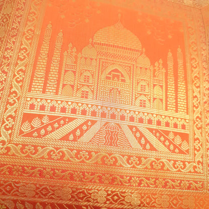 17x17 Inch Orange Cushion Cover Taj Mahal Woven Zari Brocade Banarasi Silk Decor
