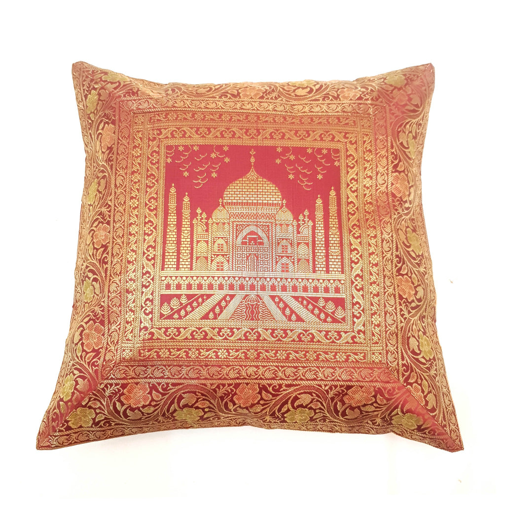17x17 Inch Cushion Cover Taj Mahal Woven Zari Brocade Maroon Banarasi Silk Decor
