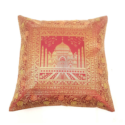 17x17 Inch Cushion Cover Taj Mahal Woven Zari Brocade Maroon Banarasi Silk Decor