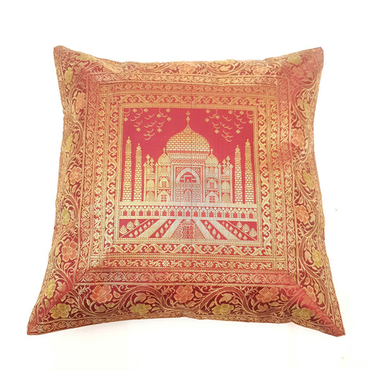 17x17 Inch Cushion Cover Taj Mahal Woven Zari Brocade Maroon Banarasi Silk Decor