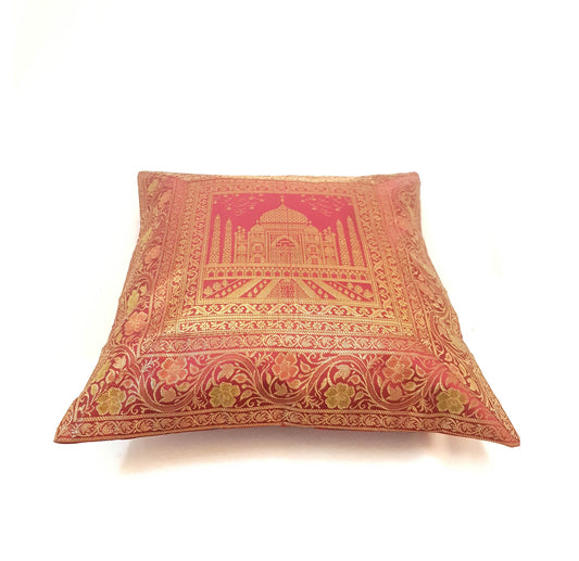 17x17 Inch Cushion Cover Taj Mahal Woven Zari Brocade Maroon Banarasi Silk Decor