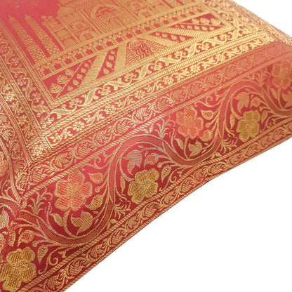 17x17 Inch Cushion Cover Taj Mahal Woven Zari Brocade Maroon Banarasi Silk Decor