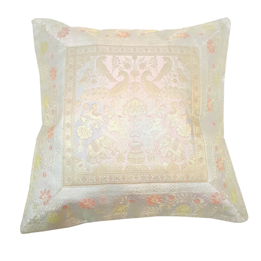 17x17 Inch Gray Cushion Covers Birds Animal Woven Zari Brocade Banarasi Silk