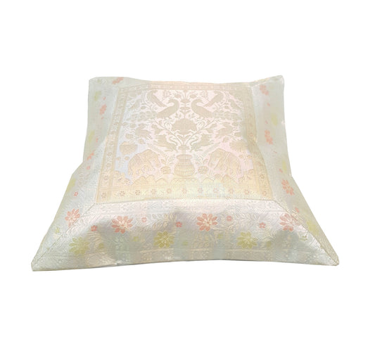 17x17 Inch Gray Cushion Covers Birds Animal Woven Zari Brocade Banarasi Silk
