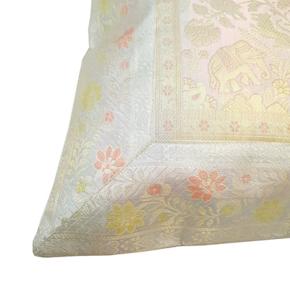 17x17 Inch Gray Cushion Covers Birds Animal Woven Zari Brocade Banarasi Silk