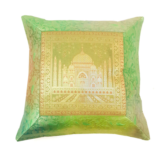 16x16 Inch Cushion Cover Green Taj Mahal Woven Zari Brocade Banarasi Silk Decor