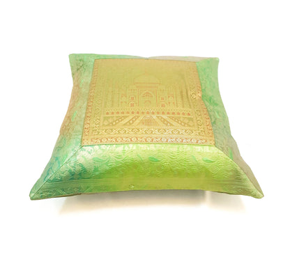 16x16 Inch Cushion Cover Green Taj Mahal Woven Zari Brocade Banarasi Silk Decor