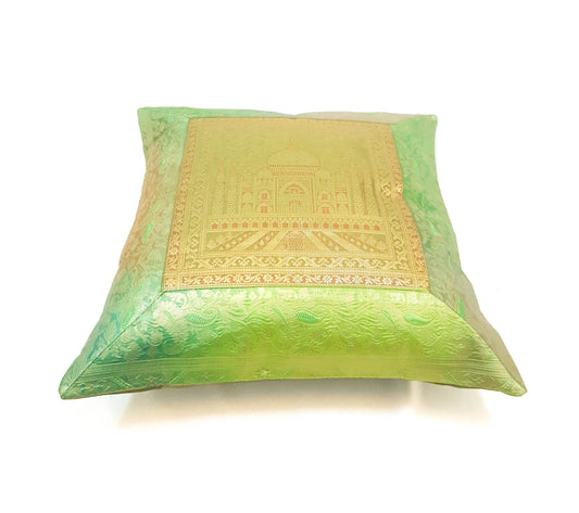 16x16 Inch Cushion Cover Green Taj Mahal Woven Zari Brocade Banarasi Silk Decor
