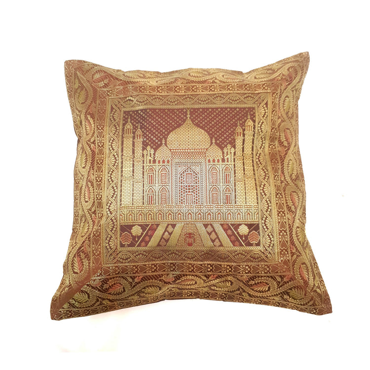 17x17 Inch Cushion Cover Taj Mahal Woven Zari Brocade Brown Banarasi Silk Decor