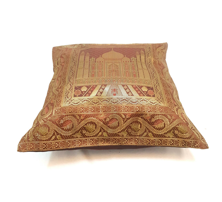 17x17 Inch Cushion Cover Taj Mahal Woven Zari Brocade Brown Banarasi Silk Decor