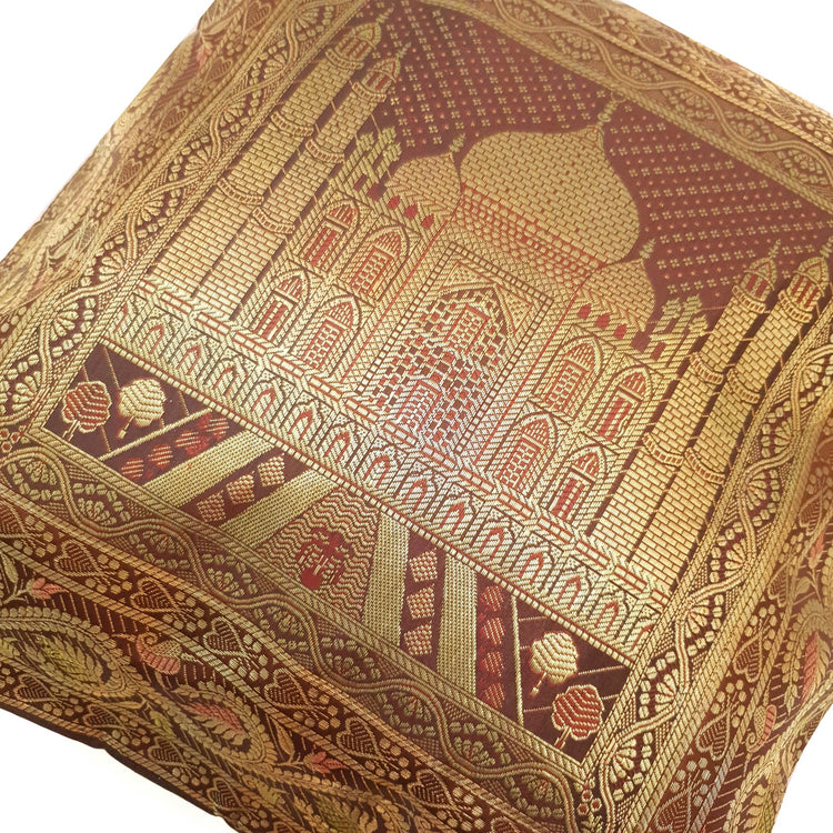 17x17 Inch Cushion Cover Taj Mahal Woven Zari Brocade Brown Banarasi Silk Decor