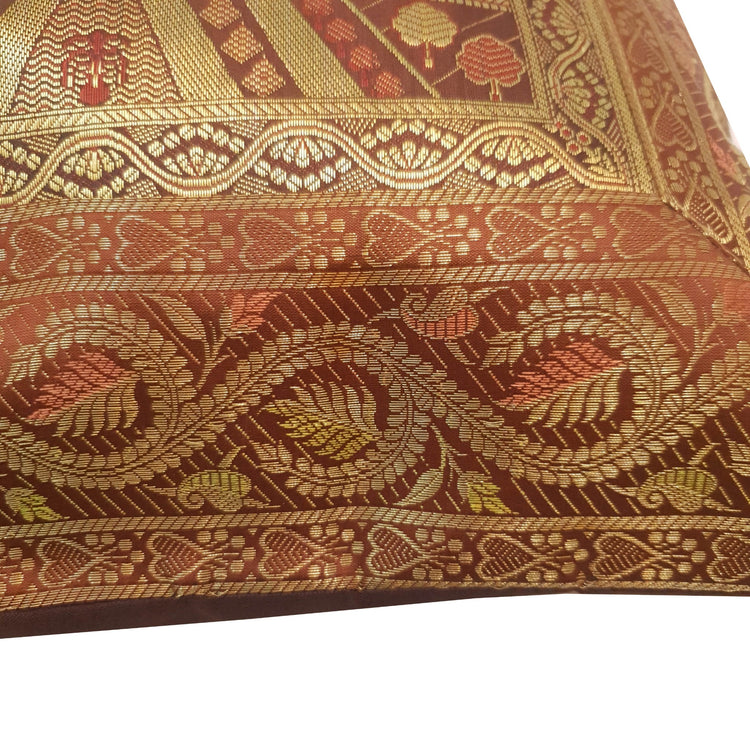 17x17 Inch Cushion Cover Taj Mahal Woven Zari Brocade Brown Banarasi Silk Decor