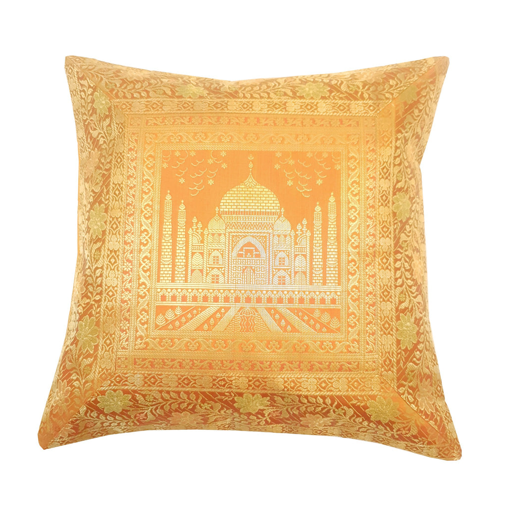 17x17 Inch Mustard Cushion Cover Taj Mahal Woven Zari Brocade Banarasi Silk