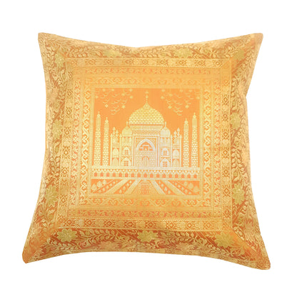 17x17 Inch Mustard Cushion Cover Taj Mahal Woven Zari Brocade Banarasi Silk