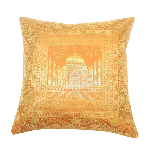 17x17 Inch Mustard Cushion Cover Taj Mahal Woven Zari Brocade Banarasi Silk