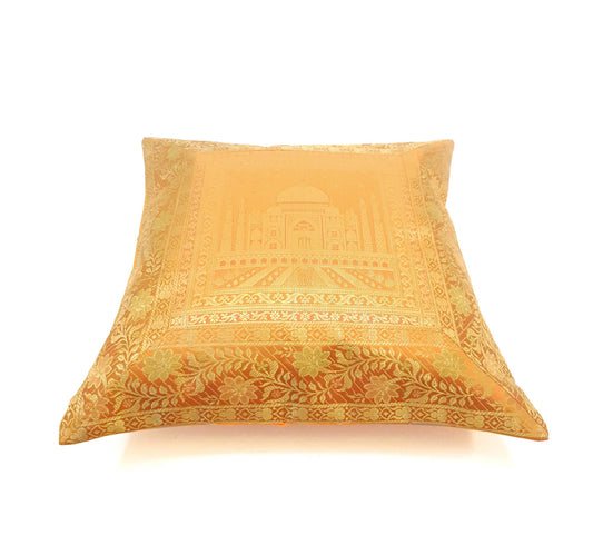 17x17 Inch Mustard Cushion Cover Taj Mahal Woven Zari Brocade Banarasi Silk