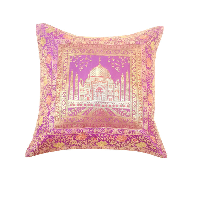 17x17 Inch Purple Cushion Cover Taj Mahal Woven Zari Brocade Banarasi Silk Decor