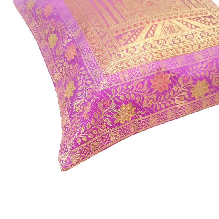 17x17 Inch Purple Cushion Cover Taj Mahal Woven Zari Brocade Banarasi Silk Decor