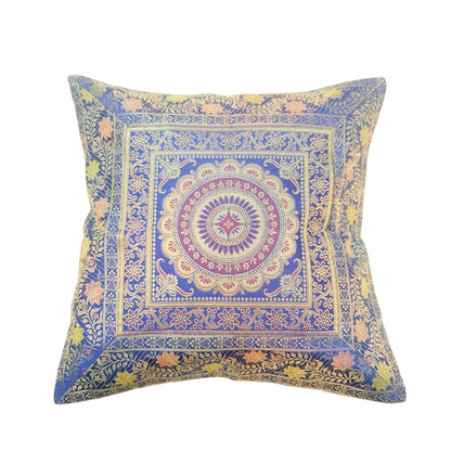 17x17 Inch Cushion Covers Indian Blue Mandala Woven Zari Brocade Banarasi Silk