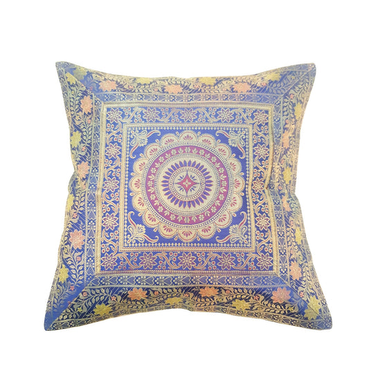 17x17 Inch Cushion Covers Indian Blue Mandala Woven Zari Brocade Banarasi Silk