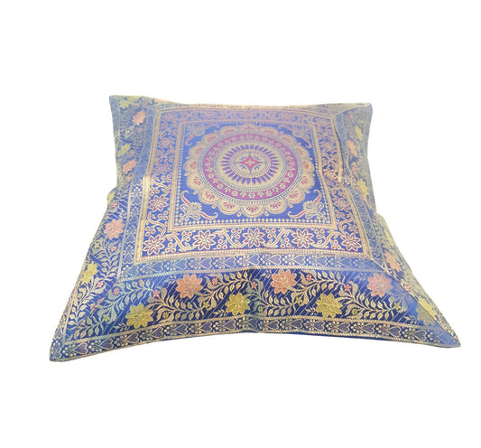 17x17 Inch Cushion Covers Indian Blue Mandala Woven Zari Brocade Banarasi Silk