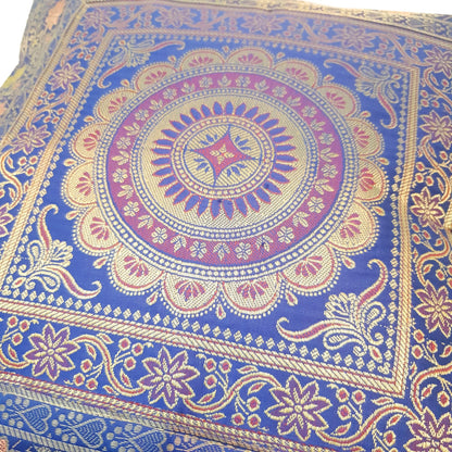 17x17 Inch Cushion Covers Indian Blue Mandala Woven Zari Brocade Banarasi Silk