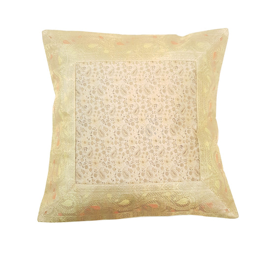 16X16 Inch Banarasi Cushion Covers Zari Brocade Silk Paisley Cream Home Decor