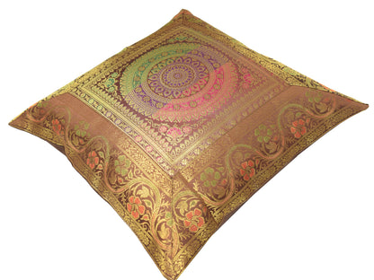 16x16 Inch Dark Brown Banarasi Silk Cushion Cover Woven Zari Brocade Mandala