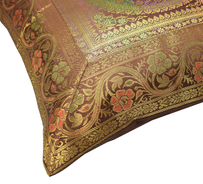 16x16 Inch Dark Brown Banarasi Silk Cushion Cover Woven Zari Brocade Mandala