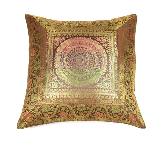 16x16 Inch Dark Brown Banarasi Silk Cushion Cover Woven Zari Brocade Mandala