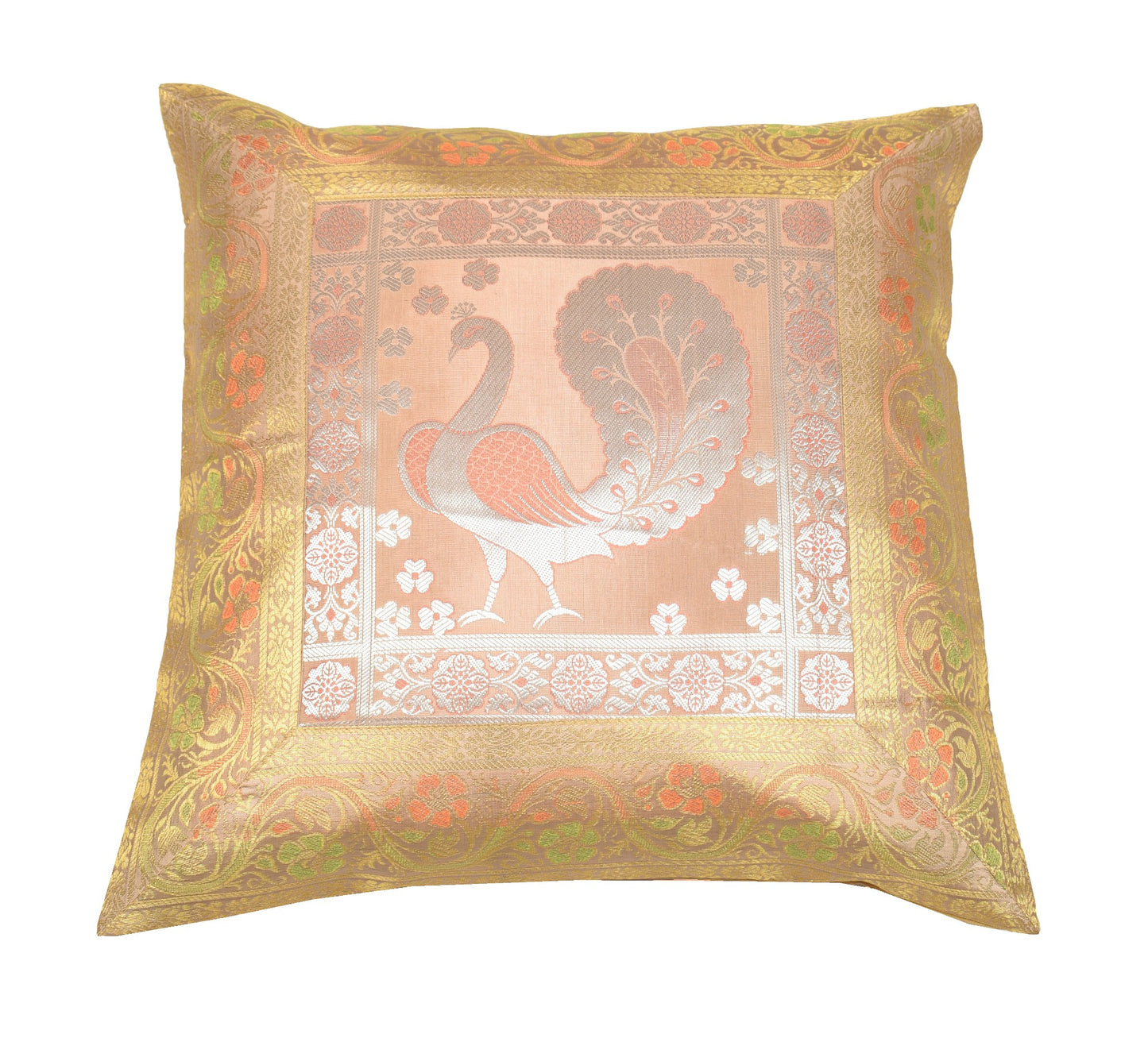 16x16" Gold, Peach Toned Cushion Covers Woven Zari Brocade Banarasi Silk Peacock