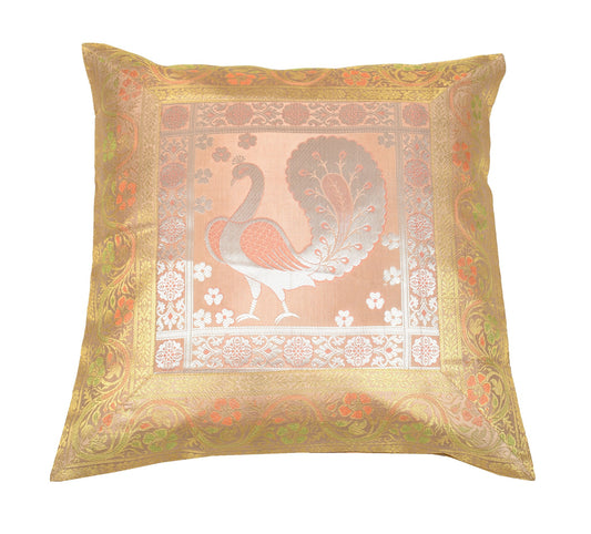 16x16" Gold, Peach Toned Cushion Covers Woven Zari Brocade Banarasi Silk Peacock