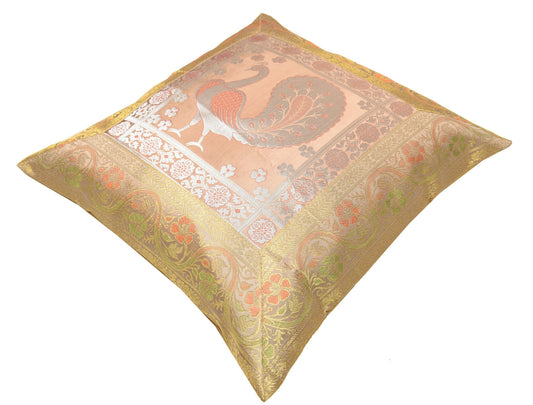 16x16" Gold, Peach Toned Cushion Covers Woven Zari Brocade Banarasi Silk Peacock