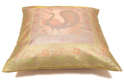 16x16" Gold, Peach Toned Cushion Covers Woven Zari Brocade Banarasi Silk Peacock